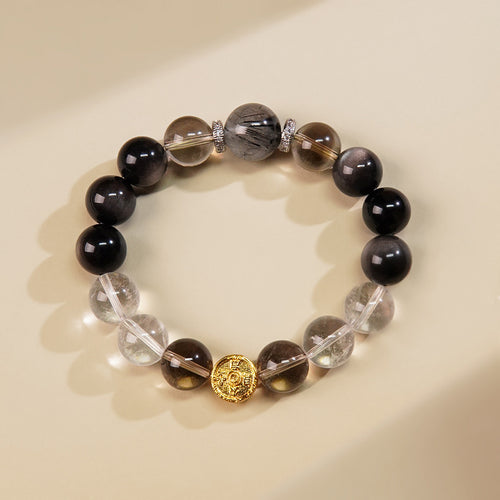 Cosmic Guardian Crystal Bracelet: Harmony in Shadow & Light (Silver Sheen Obsidian, Clear Quartz, Black Rutilated Quartz, Smoky Quartz)