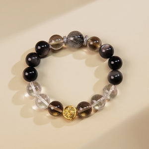 Cosmic Guardian Crystal Bracelet: Harmony in Shadow & Light (Silver Sheen Obsidian, Clear Quartz, Black Rutilated Quartz, Smoky Quartz)