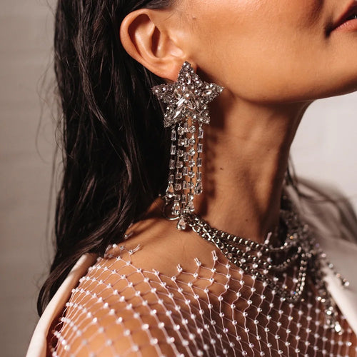 Shiny Crystal Earrings Star Tassels