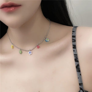Millennial glass colored florets stacked metal necklace