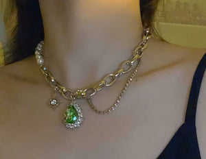 H3LL NO  green color gem crystals necklace womens cool chain
