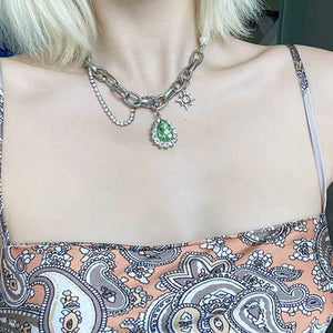 H3LL NO  green color gem crystals necklace womens cool chain