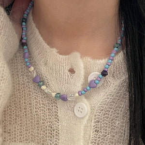 H3LL NO Purple love resin Beaded Necklace female trendy collarbone chain women's accessories
