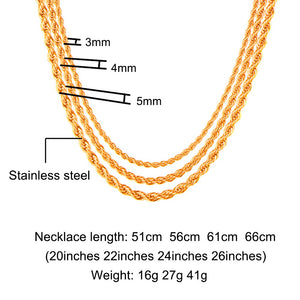 HIP Hop Rope Chain Necklace Twisted Stainless Steel
