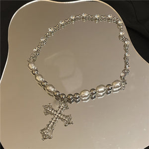 H3LL NO retro pearl necklace punk simple European and American sweet Cross Pendant clavicle chain