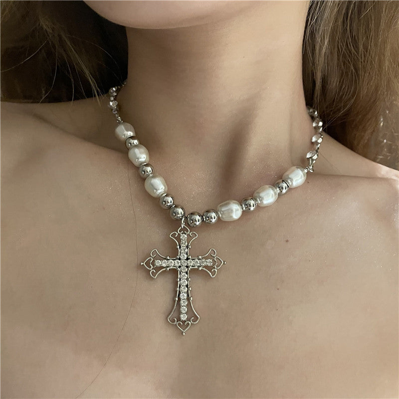 H3LL NO retro pearl necklace punk simple European and American sweet Cross Pendant clavicle chain