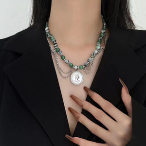 H3LL NO Retro antique portrait Emerald Necklace female fashionable design