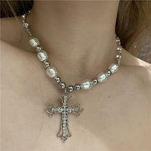 Load image into Gallery viewer, H3LL NO retro pearl necklace punk simple European and American sweet Cross Pendant clavicle chain