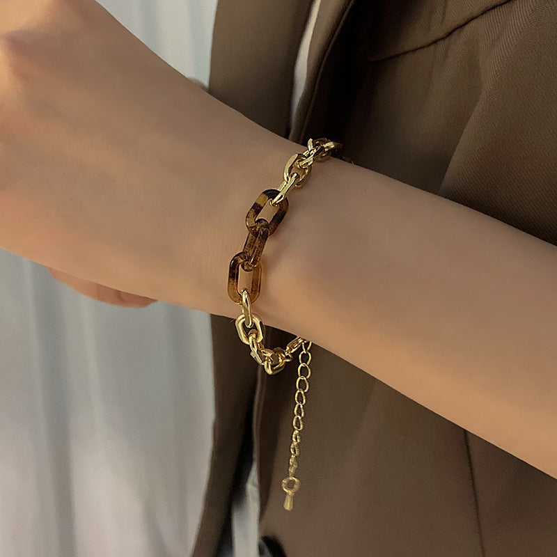 H3LL NO Metal chain leopard pattern acrylic splicing Bracelet female cool style, small design sense