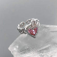 Load image into Gallery viewer, H3LL NO pink crystal gems heart shape opening silver metal ring women&#39;s female accessory
