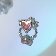 Load image into Gallery viewer, H3LL NO pink crystal gems heart shape opening silver metal ring women&#39;s female accessory
