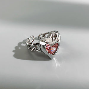 H3LL NO pink crystal gems heart shape opening silver metal ring women's female accessory