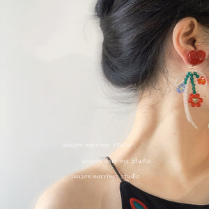 H3LL NO womens red leaf original handmade red flowers Beaded Earrings