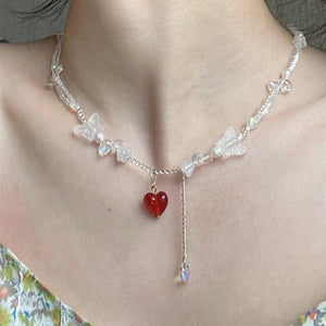 H3LL NO Vintage red heart beaded handmade female necklace Butterfly Chain